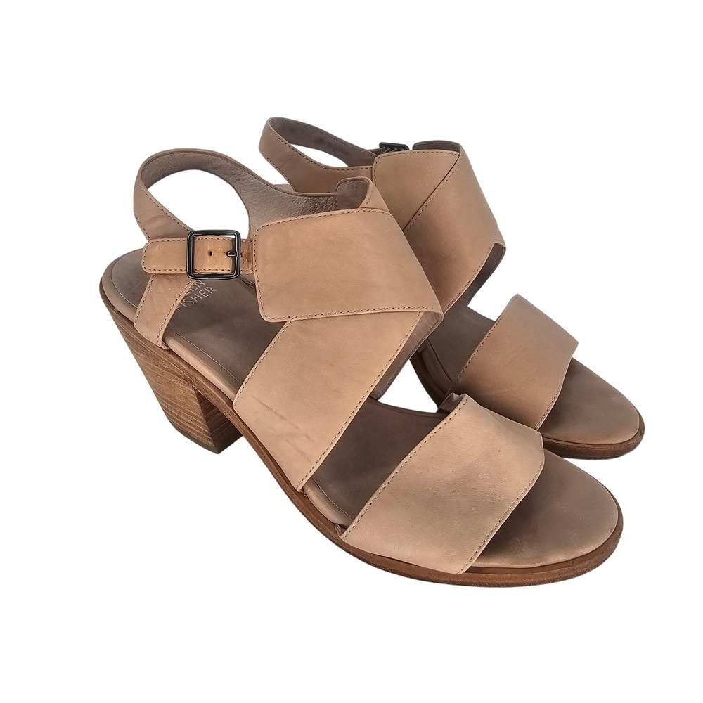Eileen Fisher Carat Leather Sandals 8 Beige Slingback Block Heel Neutral Casual